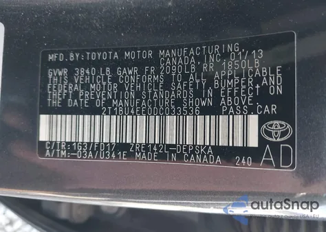 2013 Toyota Corolla S from USA, damaged, VIN 2T1BU4EE0DC033536